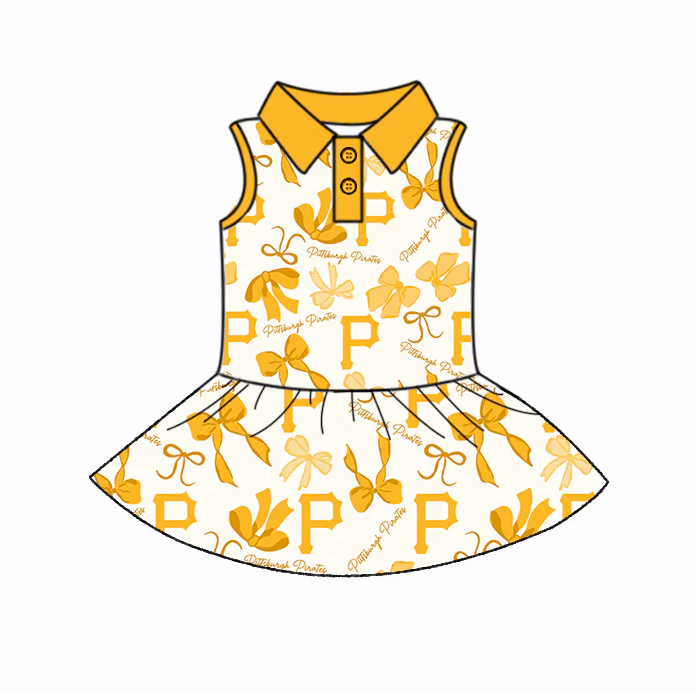 6.26 Preorder (moq 5)Baby Girls Yellow Sleeveless Bows Plaid P Button Team Knee Length Dresses