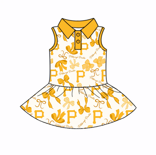 6.26 Preorder (moq 5)Baby Girls Yellow Sleeveless Bows Plaid P Button Team Knee Length Dresses