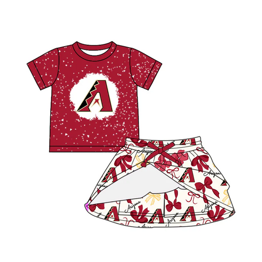 6.26 Preorder (moq 5)Baby Girls Red Short Sleeves A Top Bows Plaid Skorts Team Set