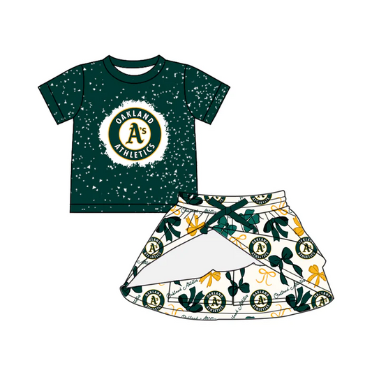 6.26 Preorder (moq 5)Baby Girls Green Short Sleeves A'S Top Bows Plaid Skort Team Set