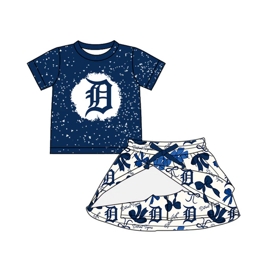 6.26 Preorder (moq 5)Baby Girls Navy Short Sleeves DT Top Bows Plaid Skorts Team Set