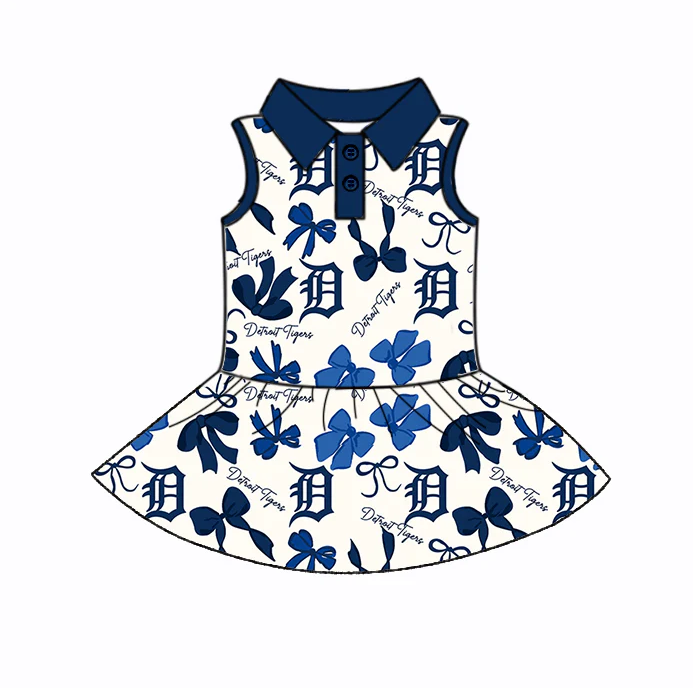 6.26 Preorder (moq 5)Baby Girls Navy Sleeveless Bows Plaid DT Button Team Knee Length Dresses