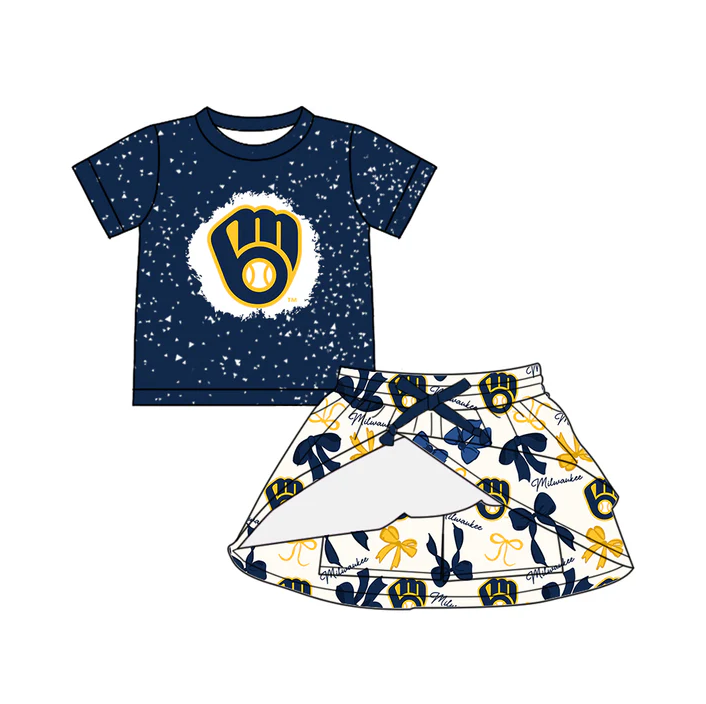 6.26 Preorder (moq 5)Baby Girls Navy Short Sleeves Baseball Top Bows Plaid Skorts Team Set