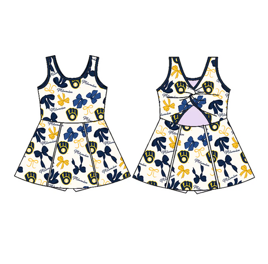 6.26 Preorder (moq 5)Baby Girls Sleeveless Bows Plaid Baseballs Short Team Knee Length Dresses