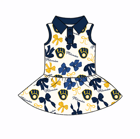 6.26 Preorder (moq 5)Baby Girls Navy Sleeveless Bows Plaid Baseballs Button Team Knee Length Dresses