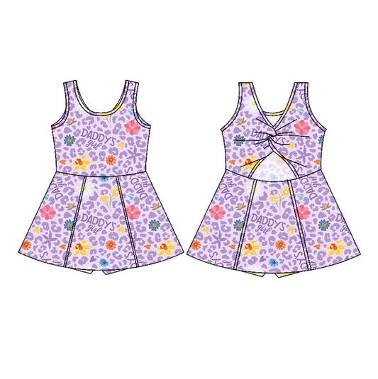 6.27 Preorder (moq 5)Baby Girls Sleeveless Lavender Leopard Daddy's Girl Shorts Knee Length Dresses