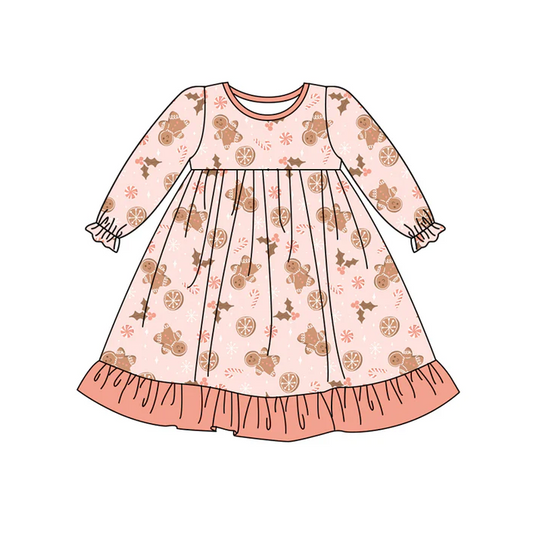 6.27 Preorder (moq 5)Baby Girls Pink Long Ruffle Sleeves Holly Gingerbread Knee Length Dresses