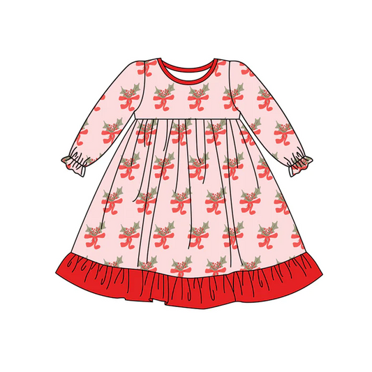 6.27 Preorder (moq 5)Baby Girls Red Long Ruffle Sleeves Bows Holly Knee Length Dresses