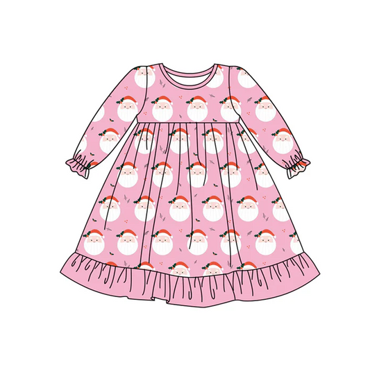 6.27 Preorder (moq 5)Baby Girls Pink Long Ruffle Sleeves Santa Plaid Knee Length Dresses