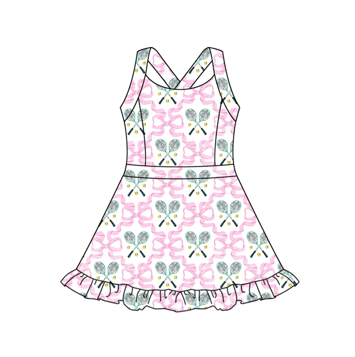 6.27 Preorder (moq 5)Baby Girls Pink Strap Bows Tennis Balls Plaid Ruffle Shorts Knee Length Dresses