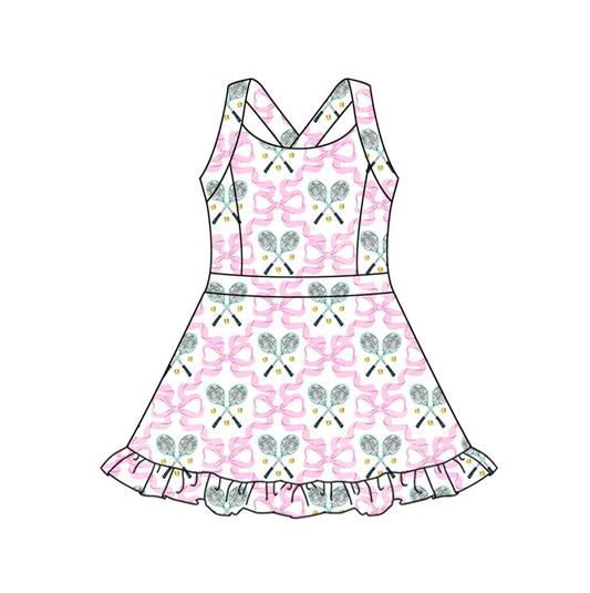 6.27 Preorder (moq 5)Baby Girls Pink Strap Bows Tennis Balls Plaid Ruffle Shorts Knee Length Dresses