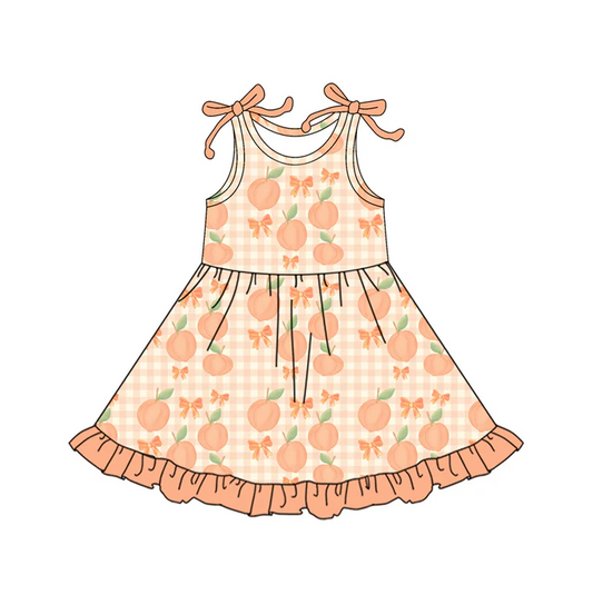 6.27 Preorder (moq 5)Baby Girls Orange Bows Sleeveless Peaches Plaid Ruffle Knee Length Dresses