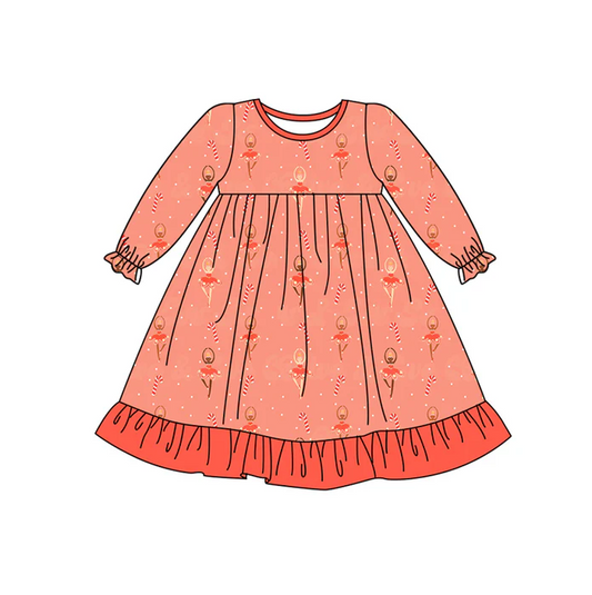 6.27 Preorder (moq 5)Baby Girls Red Long Ruffle Sleeves Dancers Candy Cane Knee Length Dresses