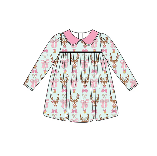 6.27 Preorder (moq 5)Baby Girls Blue Long Sleeves Bows Deer Candy Cane Knee Length Dresses