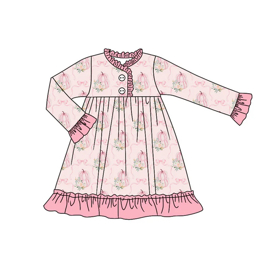 6.27 Preorder (moq 5)Baby Girls Pink Long Ruffle Sleeves Bows Pumpkins Button Knee Length Dresses
