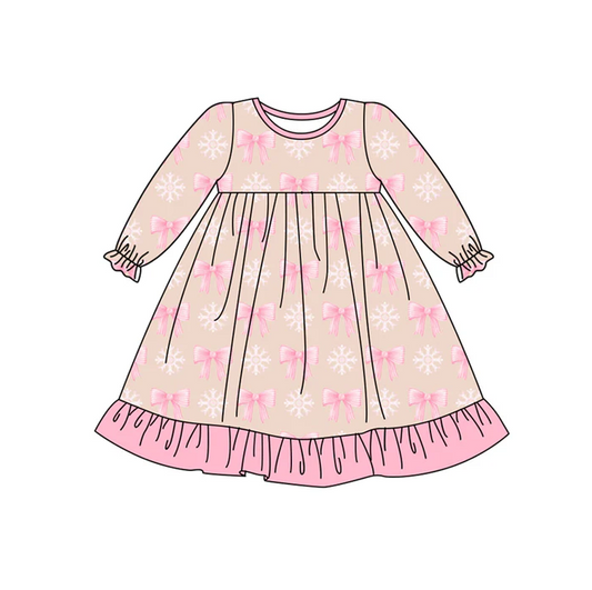 6.27 Preorder (moq 5)Baby Girls Pink Long Ruffle Sleeves Bows Snowflake Knee Length Dresses