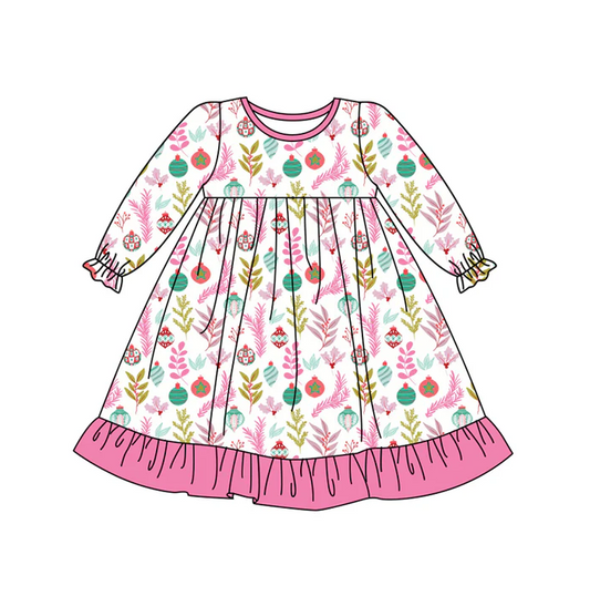 6.27 Preorder (moq 5)Baby Girls Long Ruffle Sleeves Pink Floral Lights Knee Length Dresses