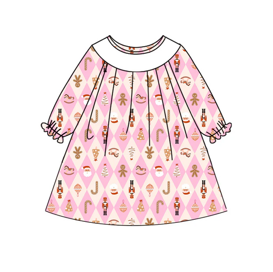 6.27 Preorder (moq 5)Baby Girls Pink Long Ruffle Sleeves Trees Gingerbread Knee Length Dresses