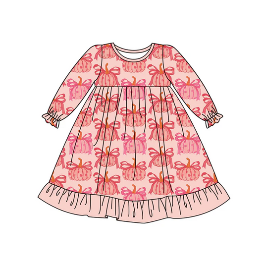6.27 Preorder (moq 5)Baby Girls Peach Long Ruffle Sleeves Bows Pumpkins Knee Length Dresses