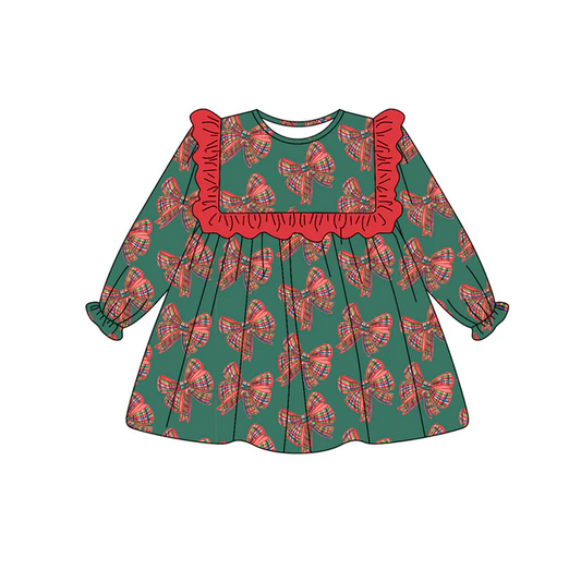 6.27 Preorder (moq 5)Baby Girls Green Long Ruffle Sleeves Plaid Bows Knee Length Dresses