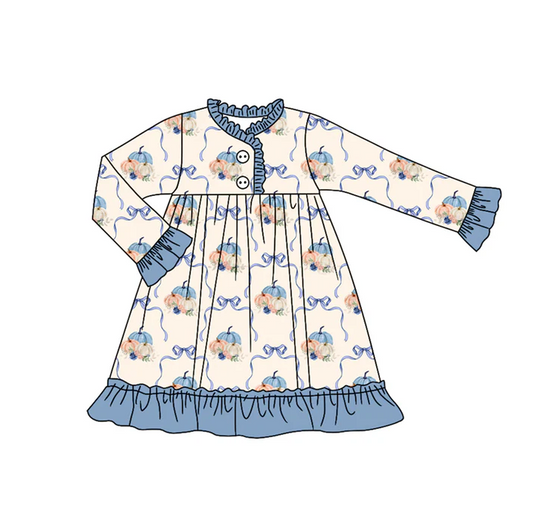 6.27Preorder (moq 5)Baby Girls Blue Long Ruffle Sleeves Bows Pumpkins Plaid Knee Length Dresses