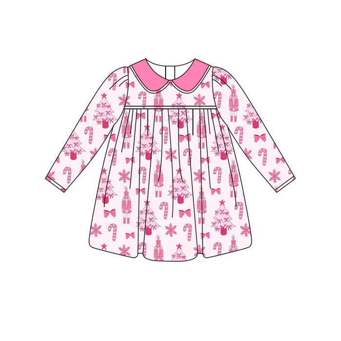 6.27 Preorder (moq 5)Baby Girls Pink Long Sleeves Candy Cane Soldiers Knee Length Dresses