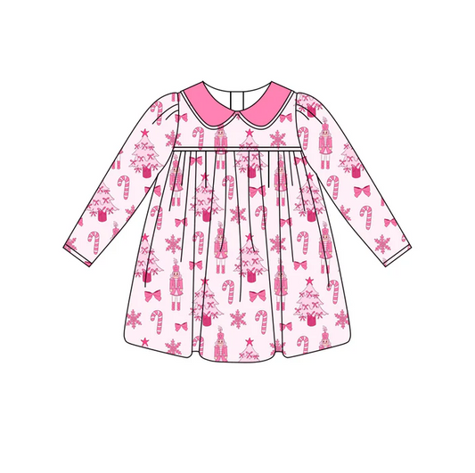 6.27 Preorder (moq 5)Baby Girls Pink Long Sleeves Candy Cane Soldiers Knee Length Dresses