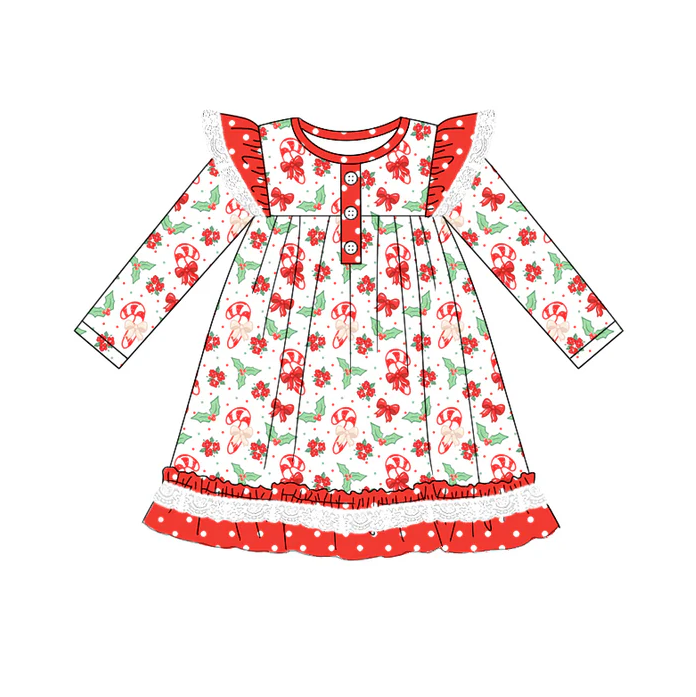 6.27 Preorder (moq 5)Baby Girls Long Sleeves Candy Cane Bows Holly Button Ruffle Knee Length Dress