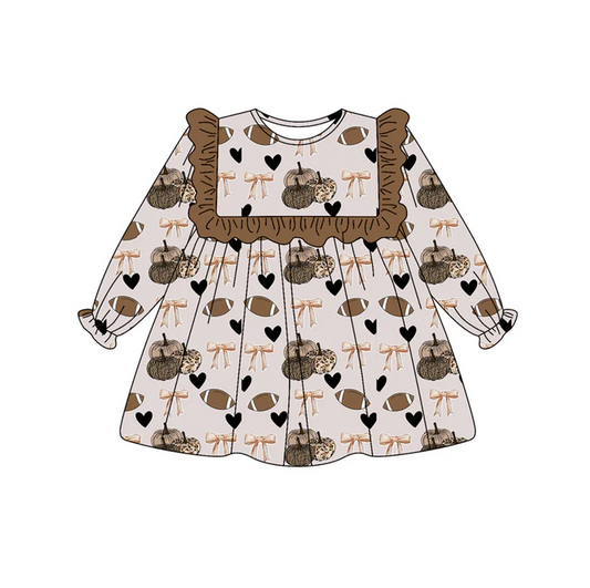 6.27 Preorder (moq 5)Baby Girls Lavender Long Ruffle Sleeves Bows Pumpkins Hearts Knee Length Dress