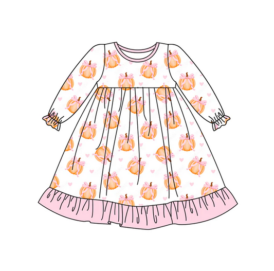 6.27 Preorder (moq 5)Baby Girls Long Ruffle Sleeves Hearts Bow Pumpkins Plaid Knee Length Dresses
