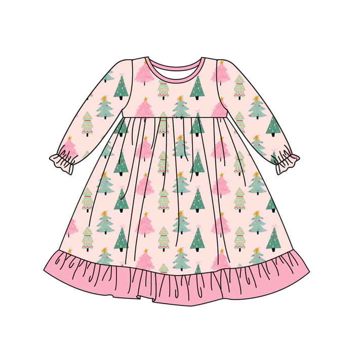 6.27 Preorder (moq 5)Baby Girls Pink Long Ruffle Sleeves Bow Trees Plaid Knee Length Dresses