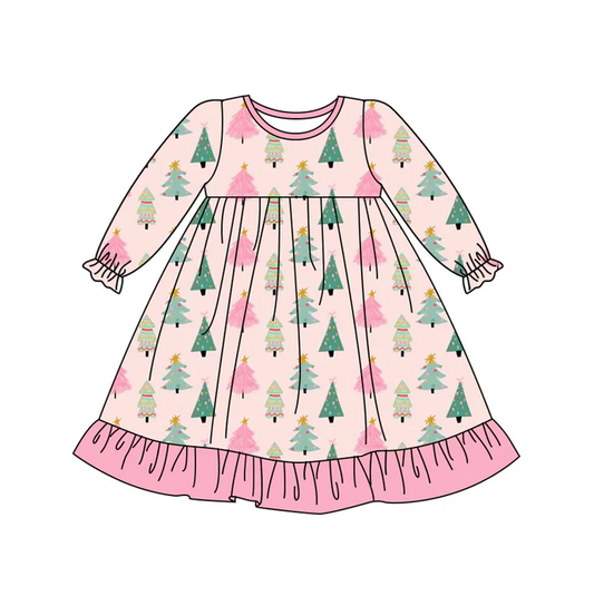 6.27 Preorder (moq 5)Baby Girls Pink Long Ruffle Sleeves Bow Trees Plaid Knee Length Dresses