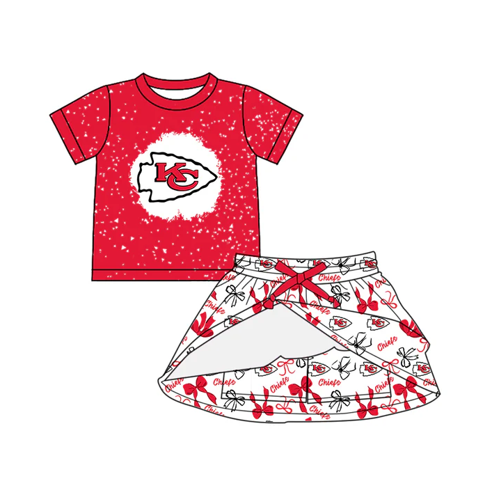 6.30 Preorder (moq 5)Baby Girls Red Short Sleeves KC Top Bows Plaid Skorts Team Set