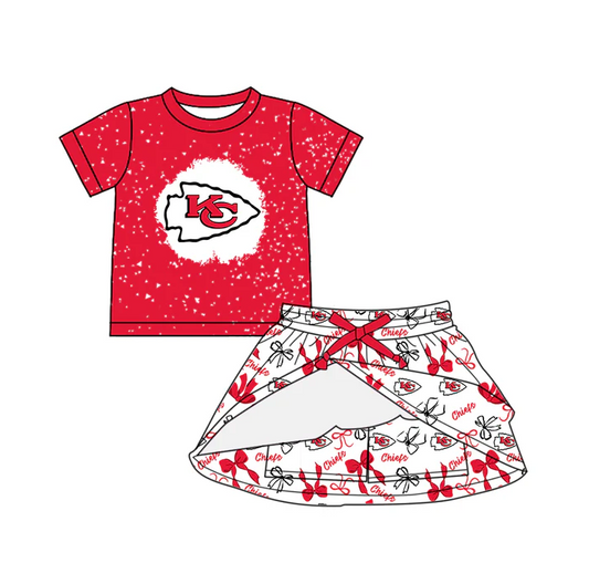 6.30 Preorder (moq 5)Baby Girls Red Short Sleeves KC Top Bows Plaid Skorts Team Set