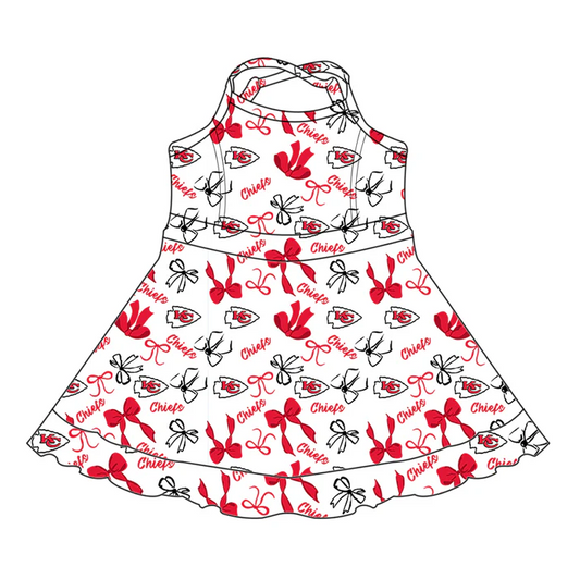 6.30 Preorder (moq 5)Baby Girls Strap Red Bows Plaid KC Shorts Ruffle Team Knee Length Dresses