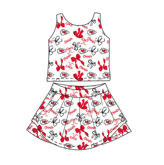 6.30 Preorder (moq 5)Baby Girls Sleeveless Red Bows Plaid KC Top Skorts Team Set