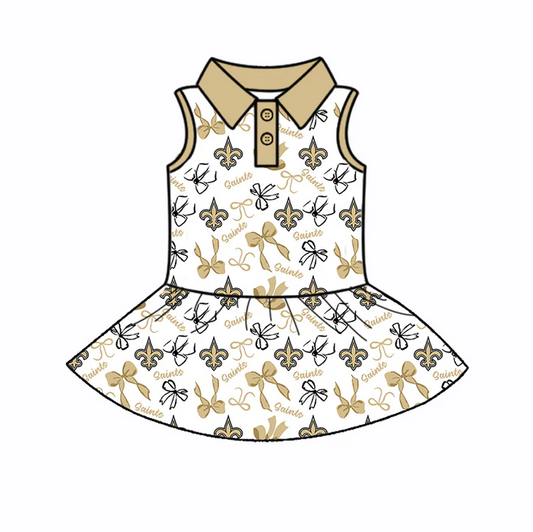 6.30 Preorder (moq 5)Baby Girls Yellow Sleeveless Bows Plaid Saints Button Team Knee Length Dresses