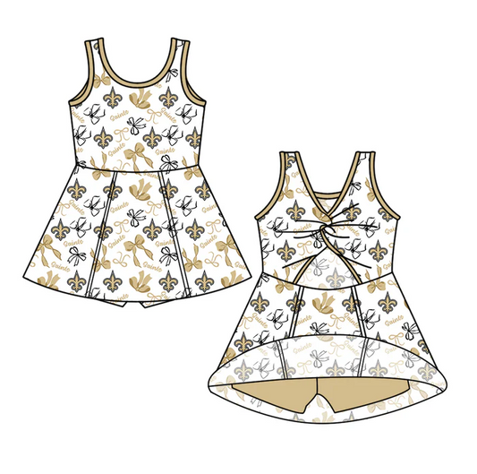 6.30 Preorder (moq 5)Baby Girls Yellow Sleeveless Bows Plaid Saints Shorts Team Knee Length Dresses