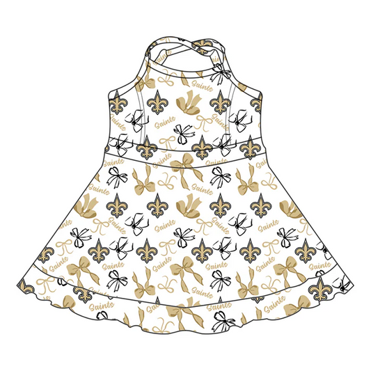 6.30 Preorder (moq 5)Baby Girls Straps Yellow Bows Plaid Saints Shorts Ruffle Team Knee Length Dresses