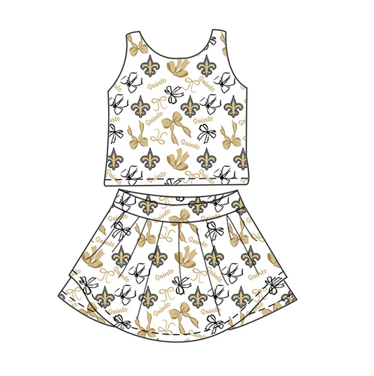 6.30 Preorder (moq 5)Baby Girls Sleeveless Yellow Bows Plaid Saints Top Skorts Team Set