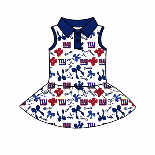 6.30 Preorder (moq 5)Baby Girls Sleeveless Bows Plaid NY Giants Button Team Knee Length Dresses