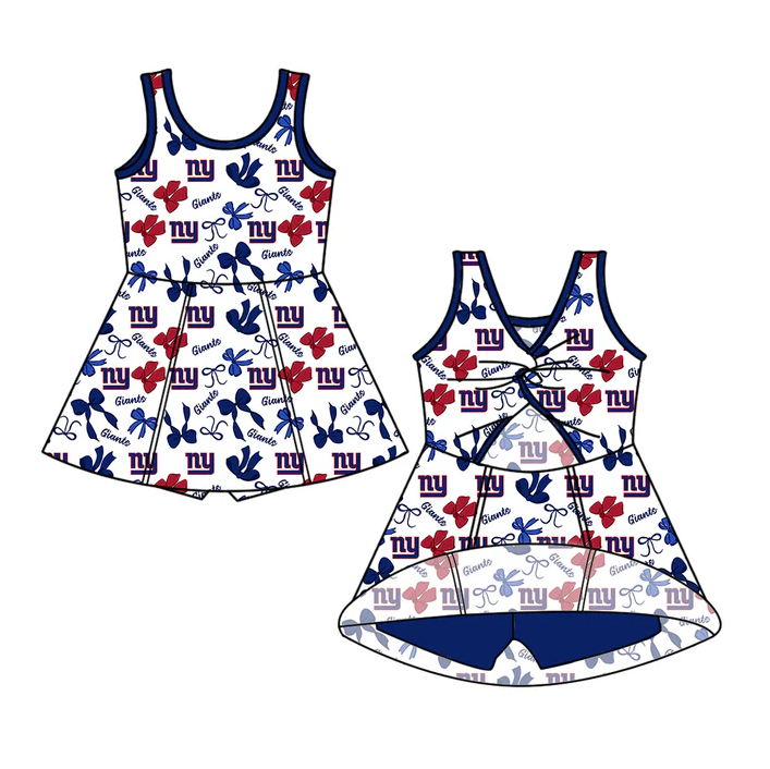 6.30 Preorder (moq 5)Baby Girls Sleeveless Bows Plaid NY Giants Shorts Team Knee Length Dresses
