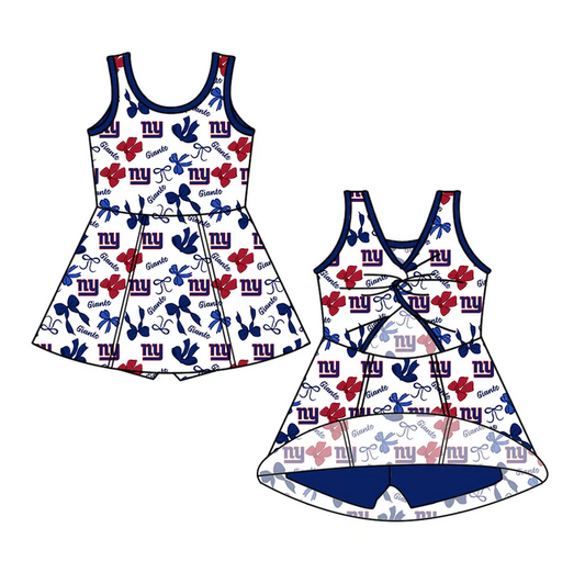6.30 Preorder (moq 5)Baby Girls Sleeveless Bows Plaid NY Giants Shorts Team Knee Length Dresses