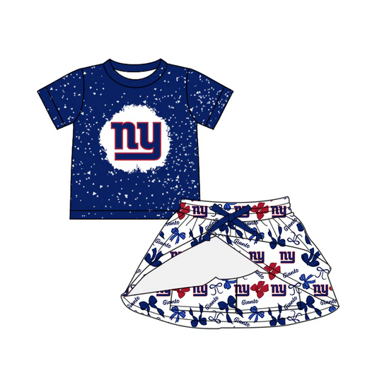 6.30 Preorder (moq 5)Baby Girls Hot Blue Short Sleeves NY Giants Top Bows Plaid Skorts Team Set