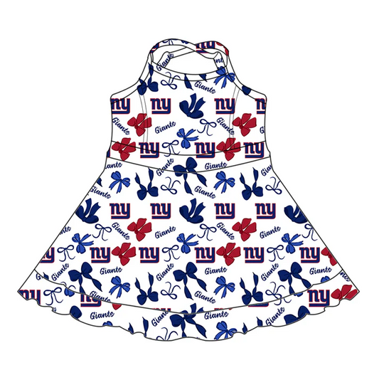6.30 Preorder (moq 5)Baby Girls Strap Bows Plaid NY Giants Short Ruffle Team Knee Length Dresses