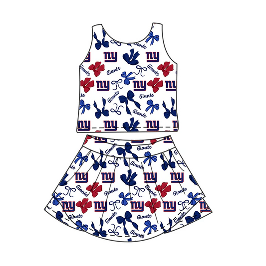 6.30 Preorder (moq 5)Baby Girls Sleeveless Bows Plaid NY Giants Top Skorts Team Set