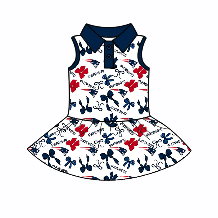 6.30 Preorder (moq 5)Baby Girls Sleeveless Bows Plaid Patriots Button Team Knee Length Dresses