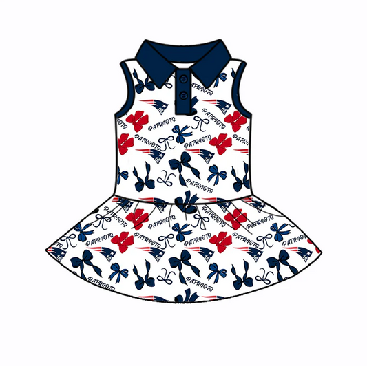 6.30 Preorder (moq 5)Baby Girls Sleeveless Bows Plaid Patriots Button Team Knee Length Dresses