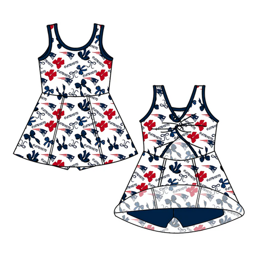 6.30 Preorder (moq 5)Baby Girls Sleeveless Bows Plaid Patriots Shorts Team Knee Length Dresses