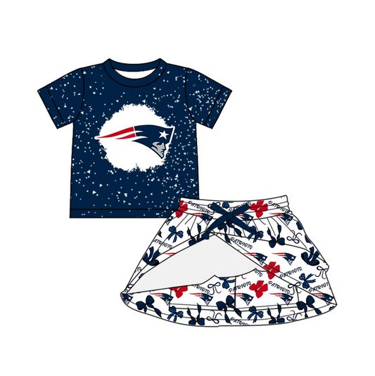 6.30 Preorder (moq 5)Baby Girls Navy Short Sleeves Patriots Top Bows Plaid Skorts Team Set